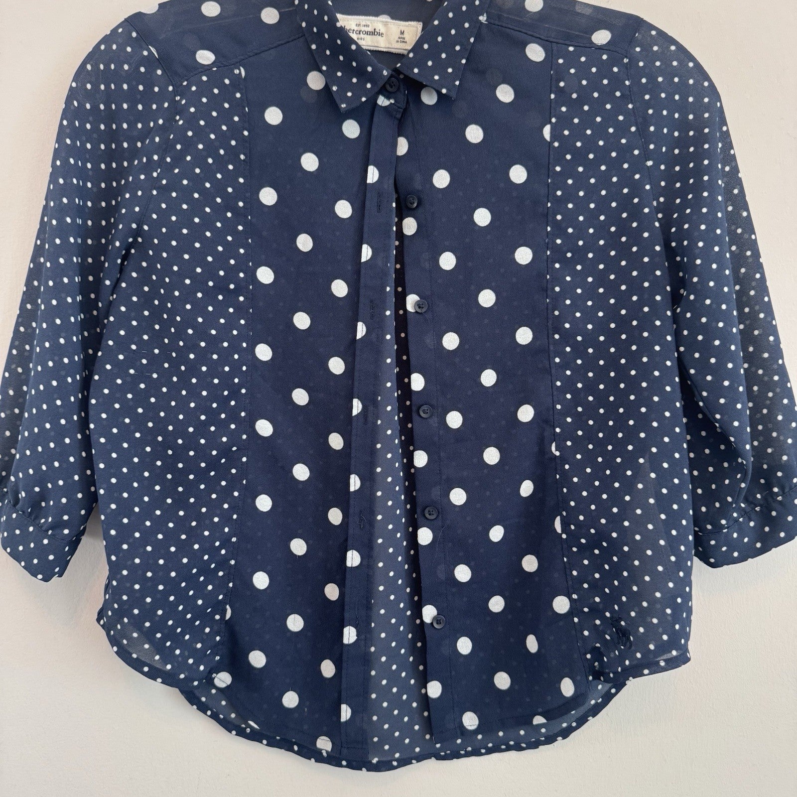 Abercrombie Kids Polka Dot Button Up Blouse Blue Sheer Size M