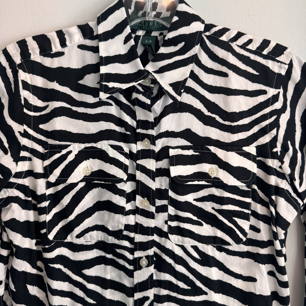Lauren Ralph Lauren Petite P Zebra Print Button Down Shirt Cotton Safari Women’s