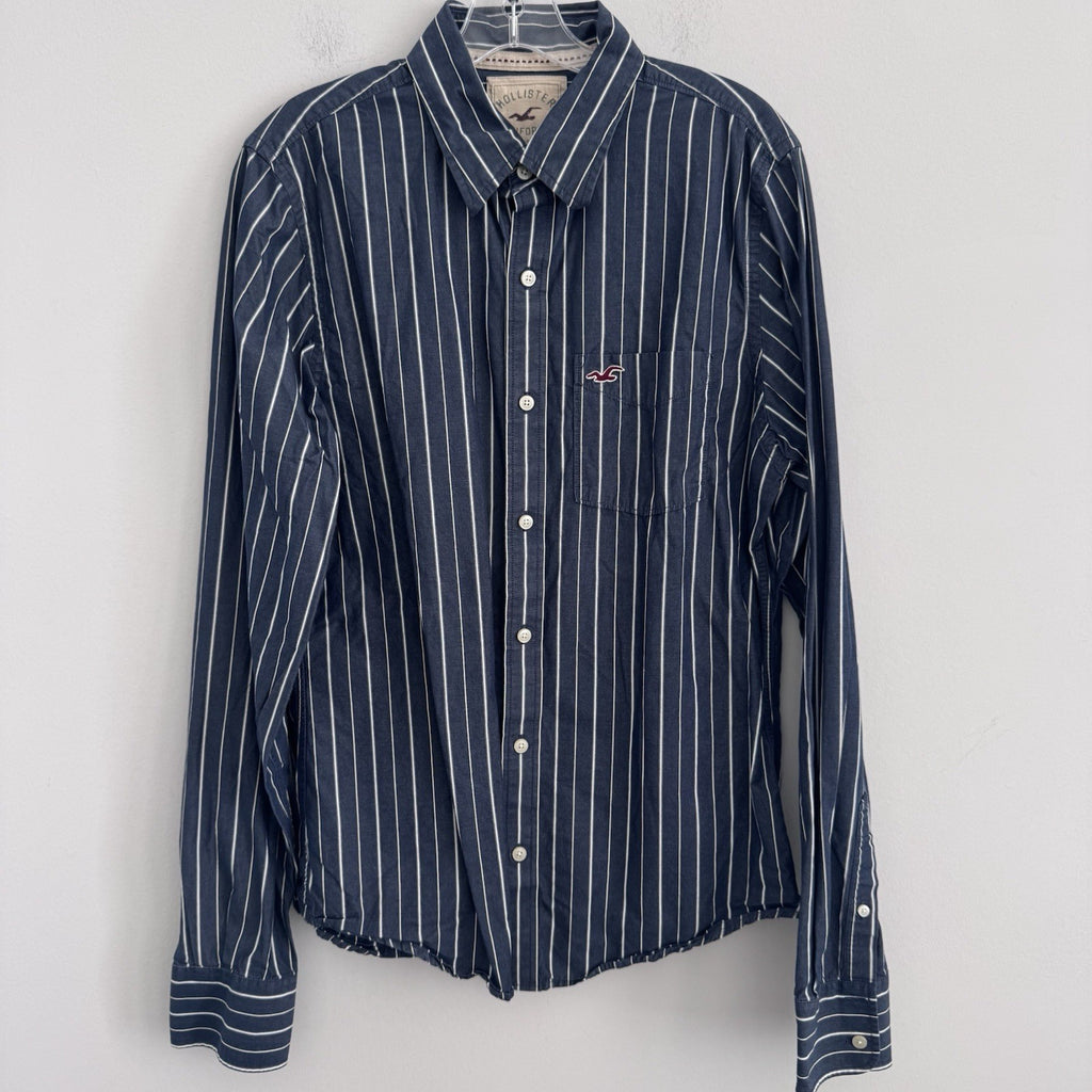 Hollister Mens Large Button Up Shirt Blue White Stripe Cotton Preppy Y2K
