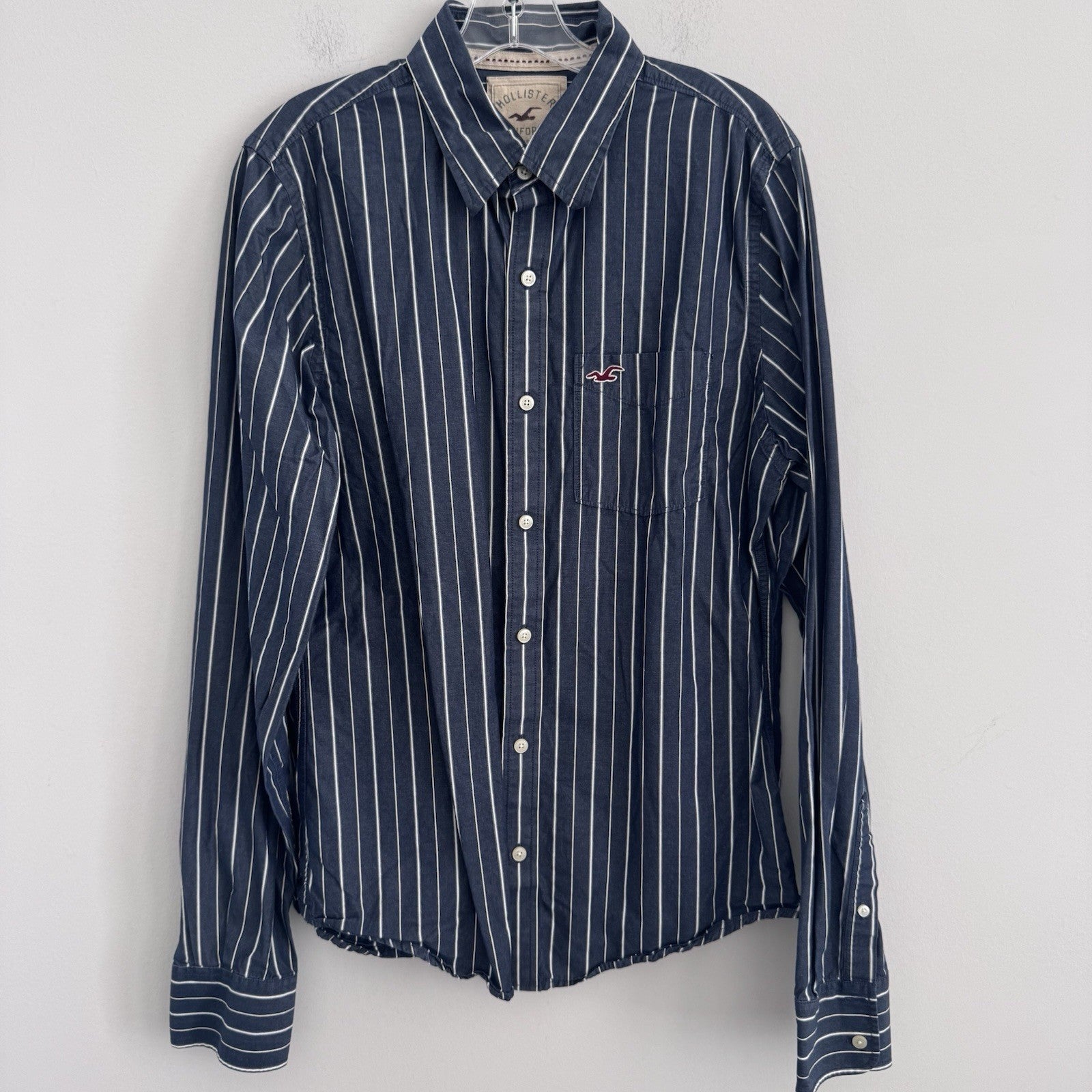 Hollister Mens Large Button Up Shirt Blue White Stripe Cotton Preppy Y2K