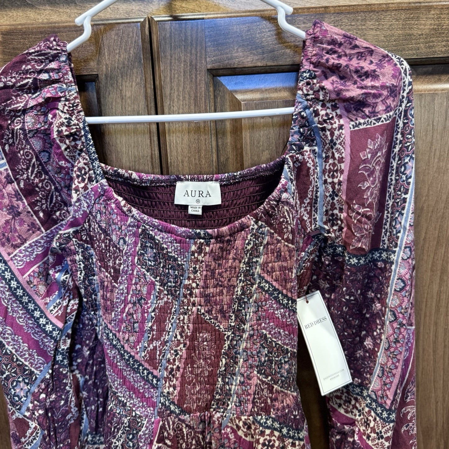 Aura by Red Dress Boho Patchwork Smocked Mini Dress Size Small Long Sleeve NWT