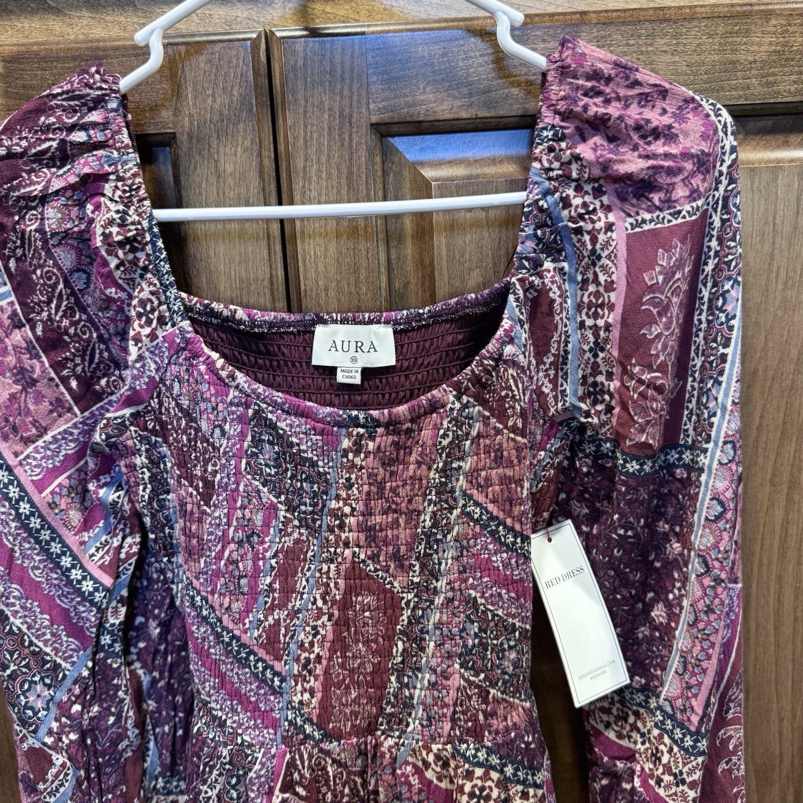 Aura by Red Dress Boho Patchwork Smocked Mini Dress Size Small Long Sleeve NWT