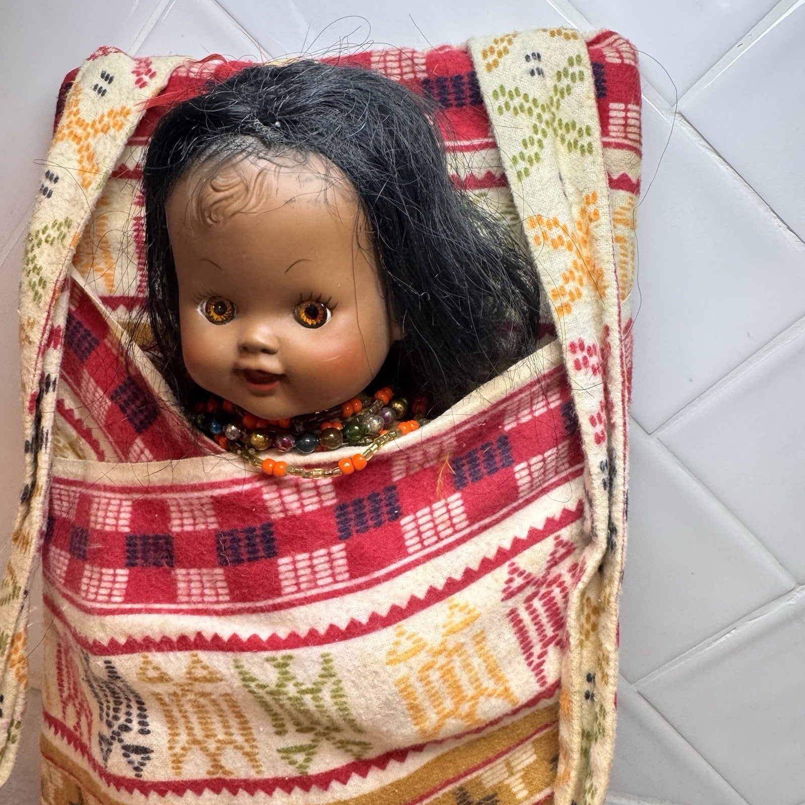 Vintage Native American Style Papoose Doll Sleepy Eyes Beaded Woven Cradleboard