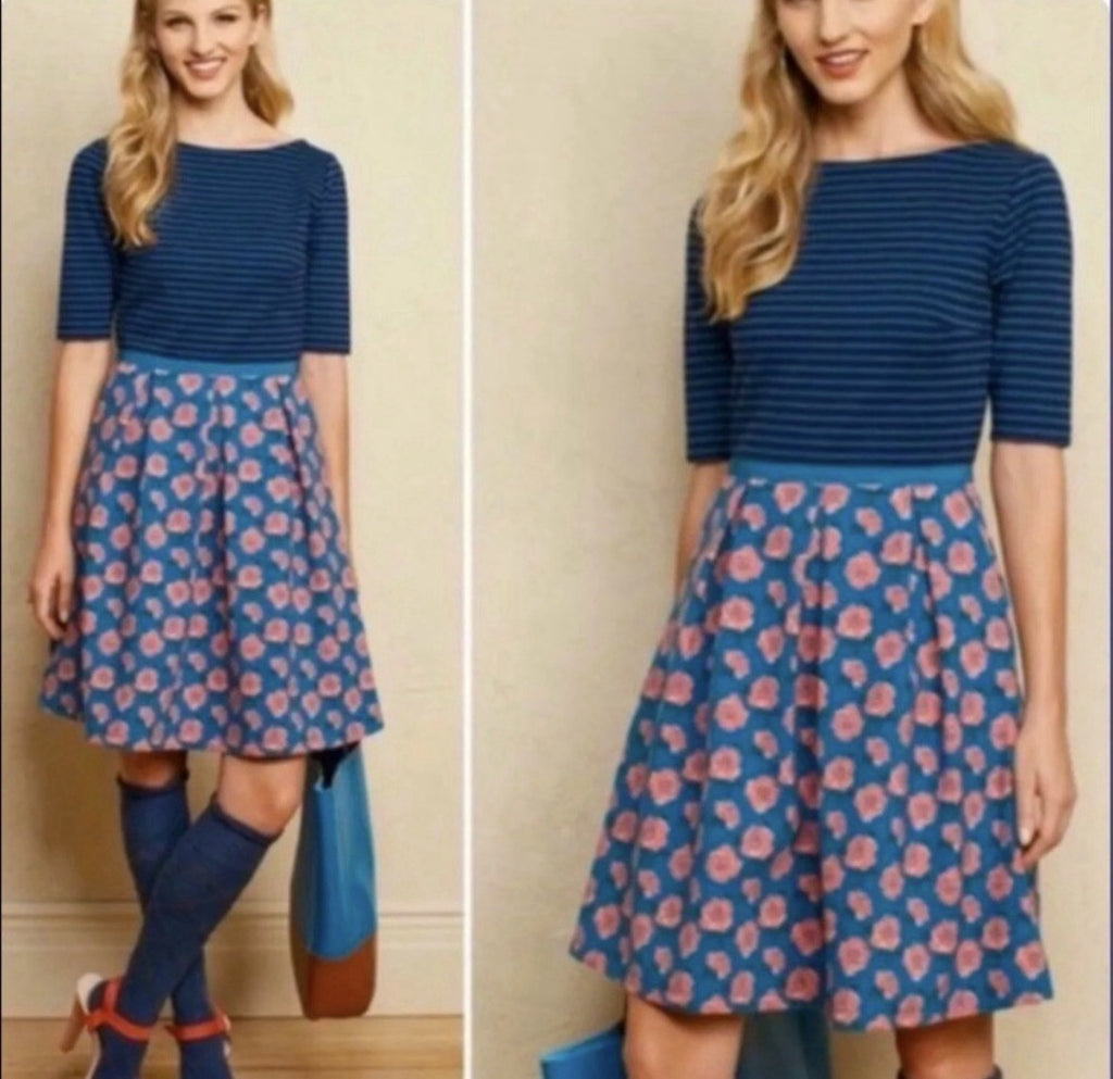 Matilda Jane Small Dress Blue Pink Floral Striped Modest Fit & Flare Pockets