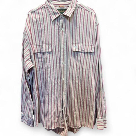 Vintage Timberland Striped Button Down Shirt XL Beige Red 100% Cotton Made in HK