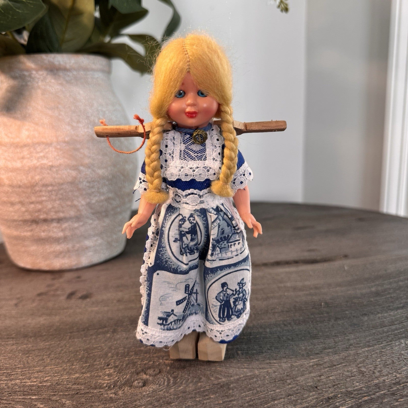 Vintage Dutch Girl Doll 7" Blonde Braids Wooden Clogs Windmill Dress Yoke