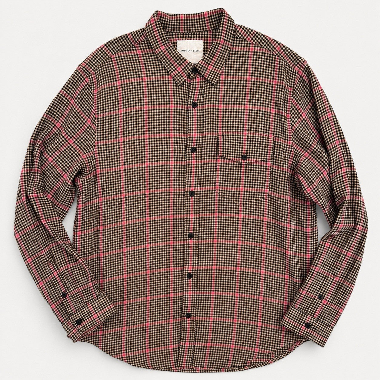 American Eagle XL Plaid Button Up Shirt Pink Tan Black Flannel Y2K