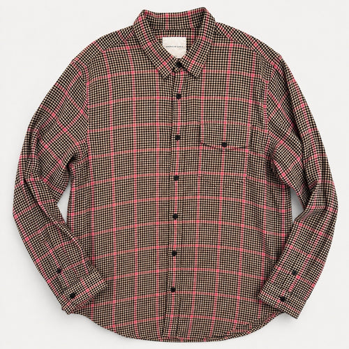 American Eagle XL Plaid Button Up Shirt Pink Tan Black Flannel Y2K