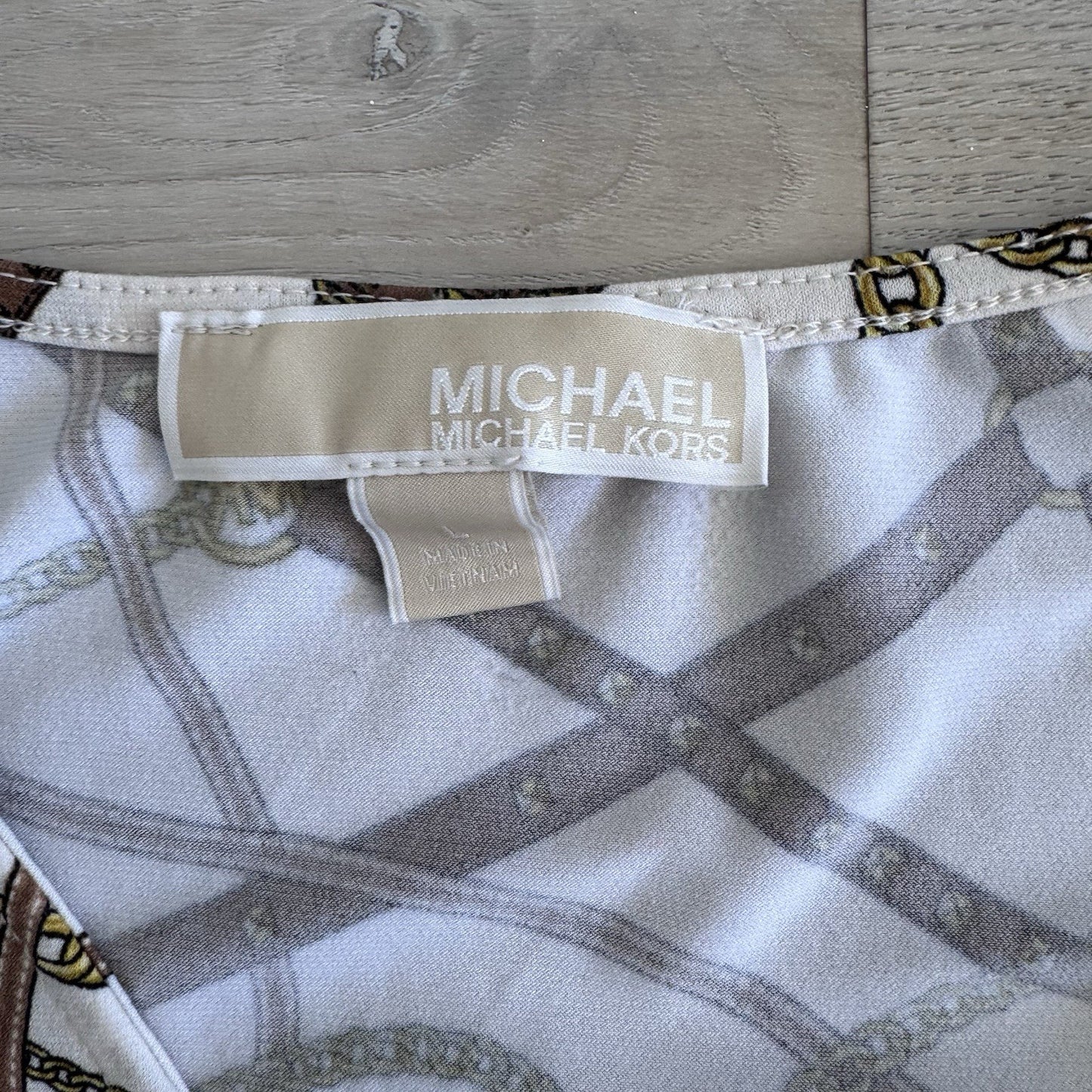 Michael Michael Kors Chain Print Wrap Top Womens Large White Gold Stretch