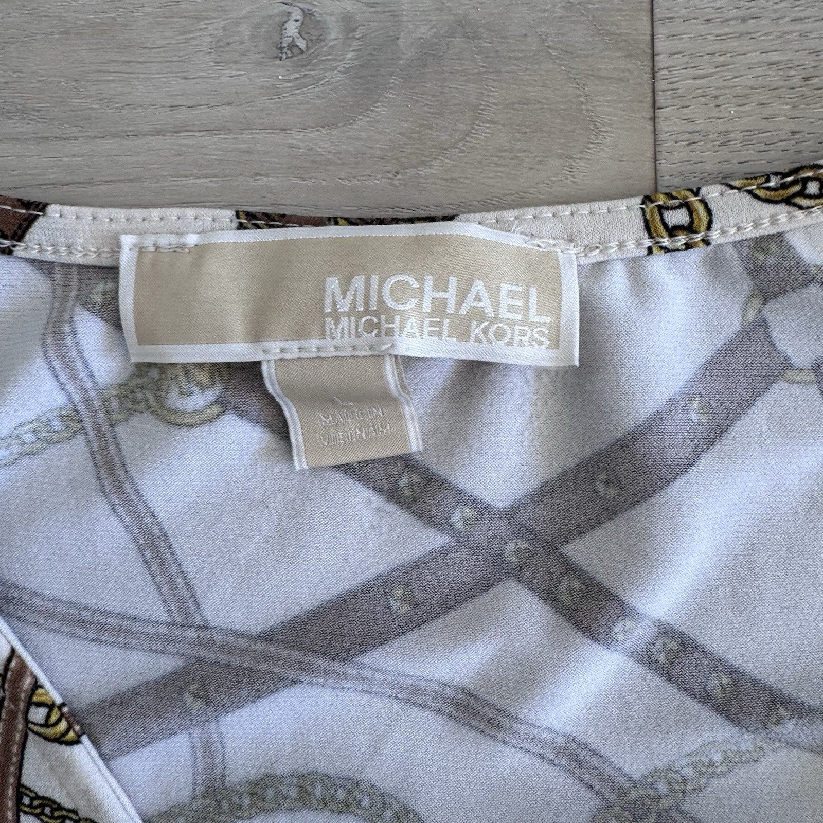 Michael Michael Kors Chain Print Wrap Top Womens Large White Gold Stretch