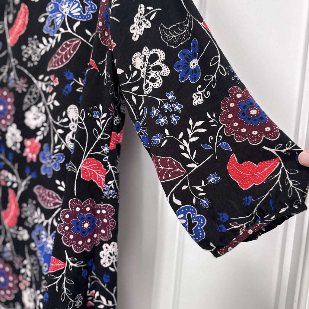 Old Navy Black Floral Dress L Boho Print 3/4 Sleeve Viscose Soft Tunic
