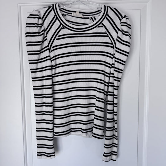 Entro Black White Striped Ribbed Knit Top Women’s Size L Puff Sleeve Long Sleeve