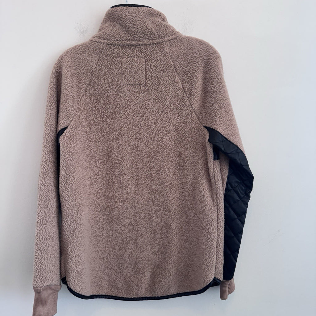 A&F Sherpa Pullover Women Small Brown Black Quilted Snap Fleece Abercrombie