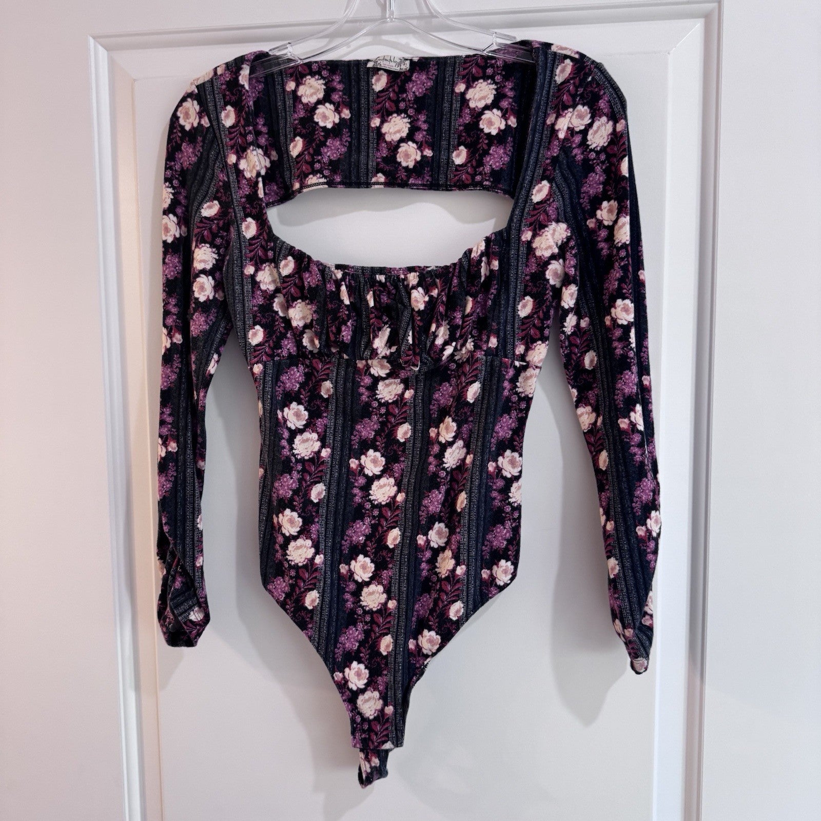 Free People Floral Long Sleeve Bodysuit Cutout Back Pink Purple Size S