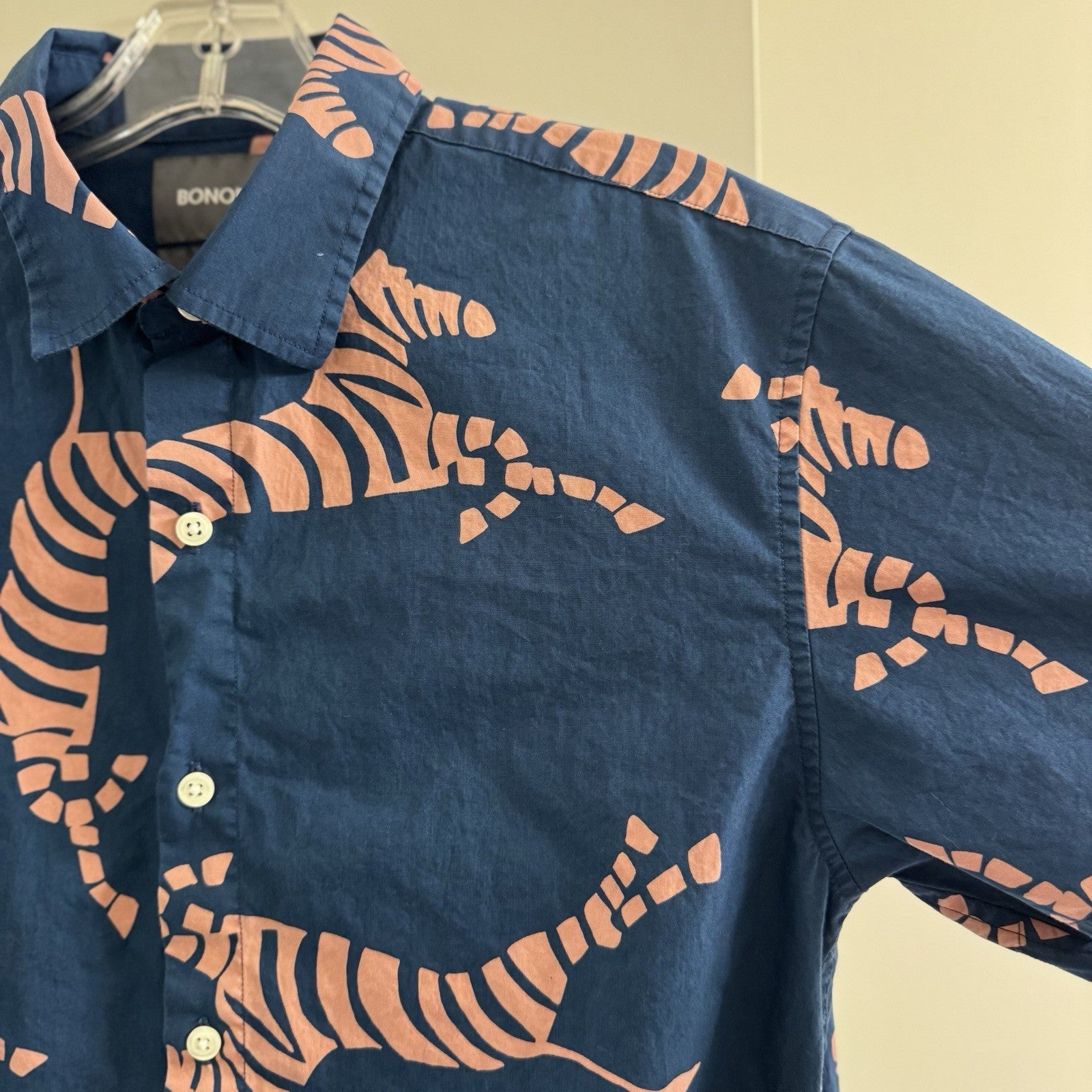 Bonobos Mens Slim Fit Shirt M Navy Pink Zebra Print Short Sleeve Cotton