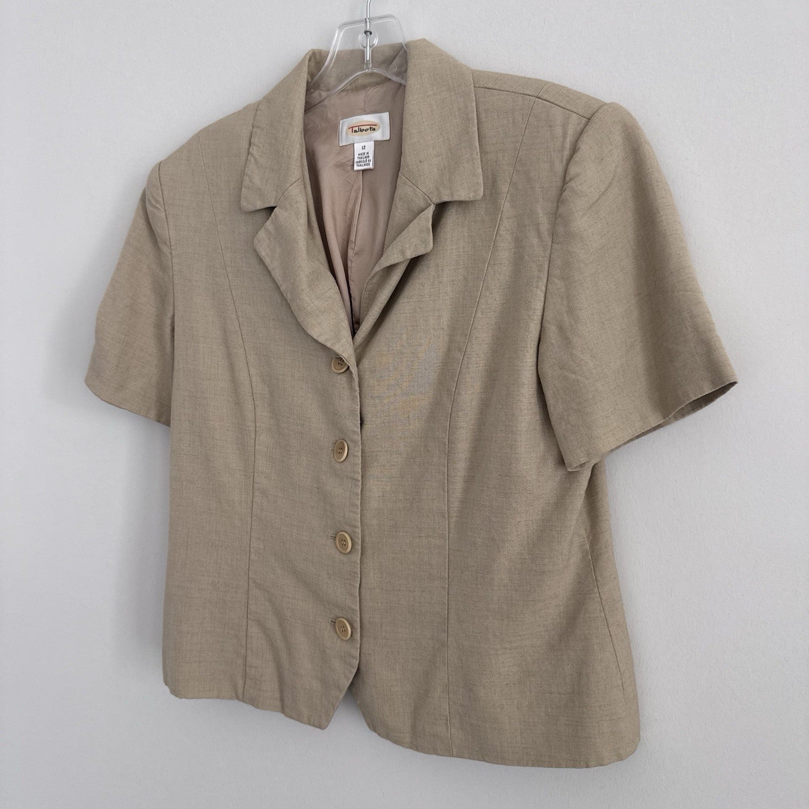 Talbots Linen Blazer Jacket Sz 12 Tan Short Sleeve 4 Button Career