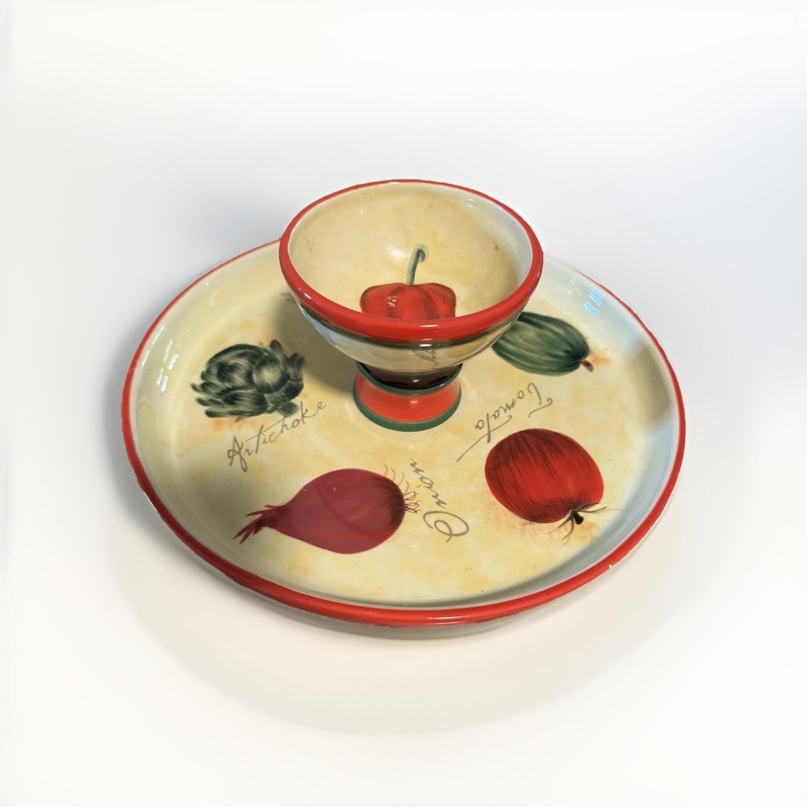 Vintage Unique Colorful Chip & Dip Serving Plate Onion Tomato Squash Eggplant