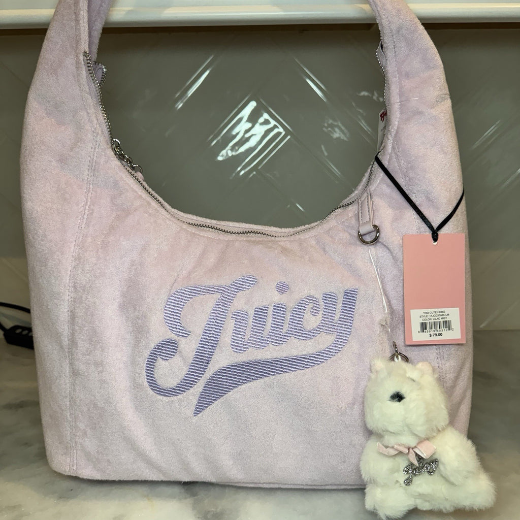 Juicy Couture Too Cute Hobo Bag Lilac Mist Velour Shoulder Bag Bear Charm NWT