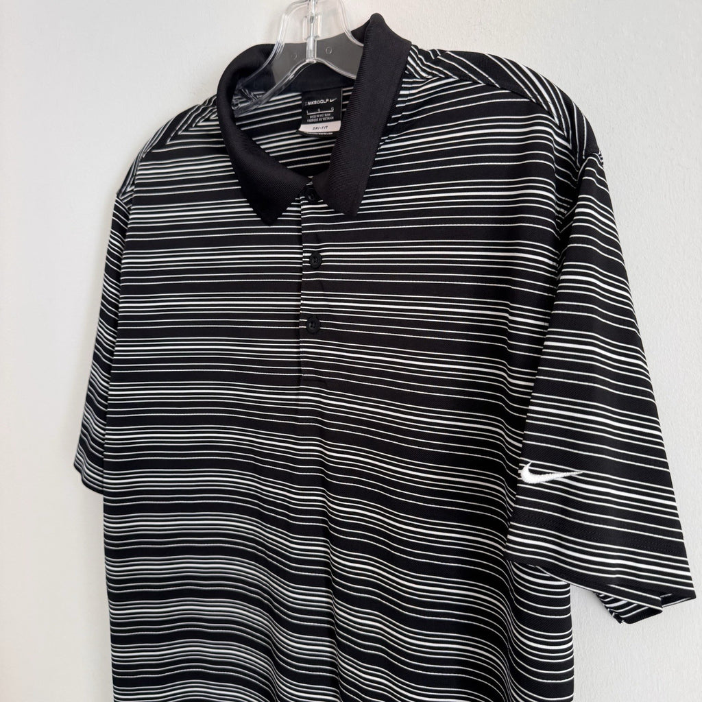 Nike Golf Dri Fit Polo Shirt Mens Large Black White Striped Swoosh Golf