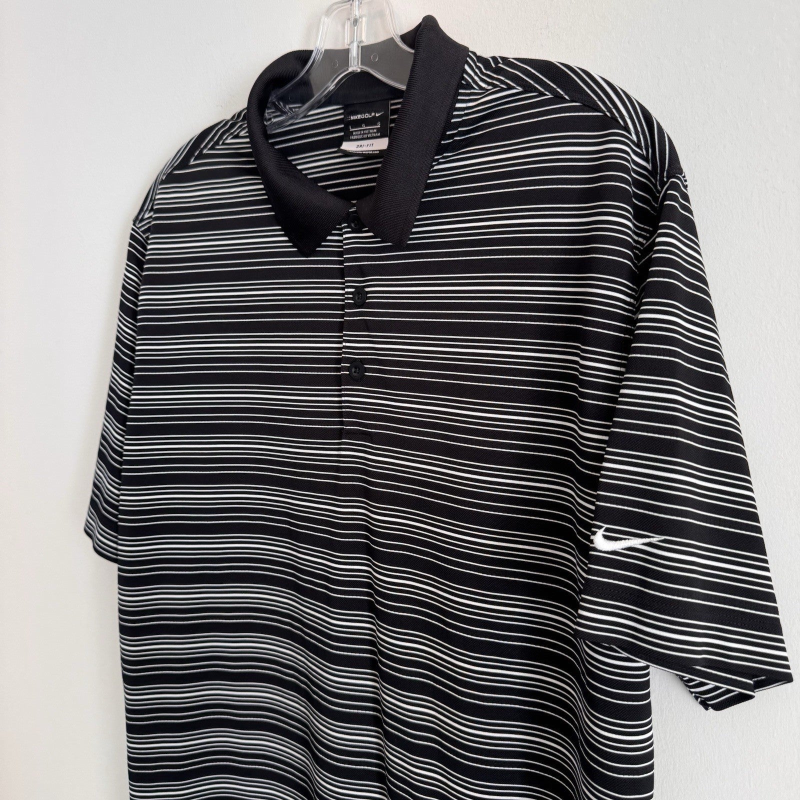 Nike Golf Dri Fit Polo Shirt Mens Large Black White Striped Swoosh Golf