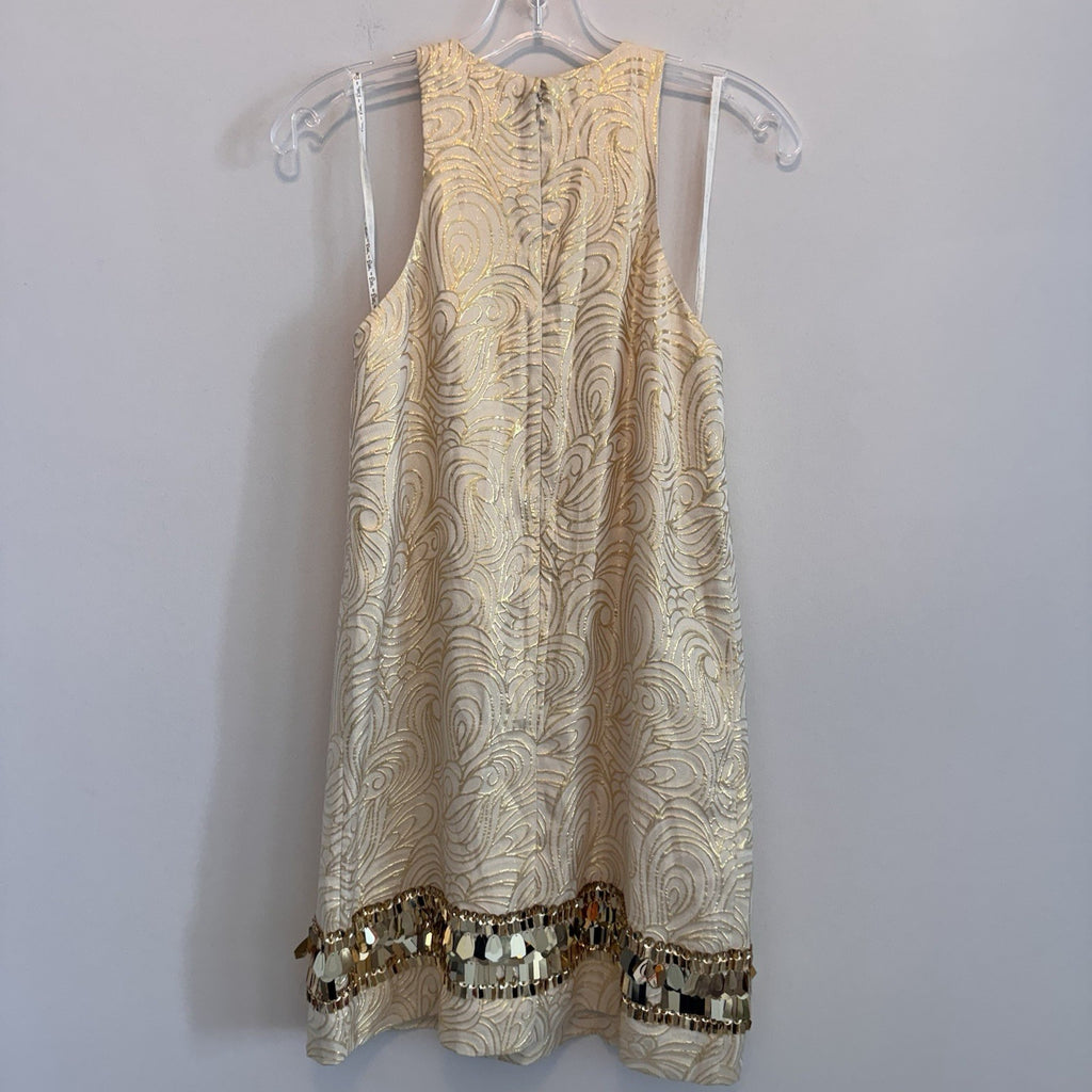 Lilly Pulitzer XS Silk Gold Metallic Fil Coupe Shift Dress Sequin Fringe Hem