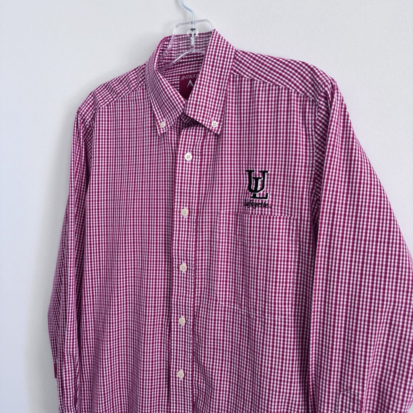 Antigua UL Lafayette Button Down Shirt Small Red Gingham Long Sleeve Logo