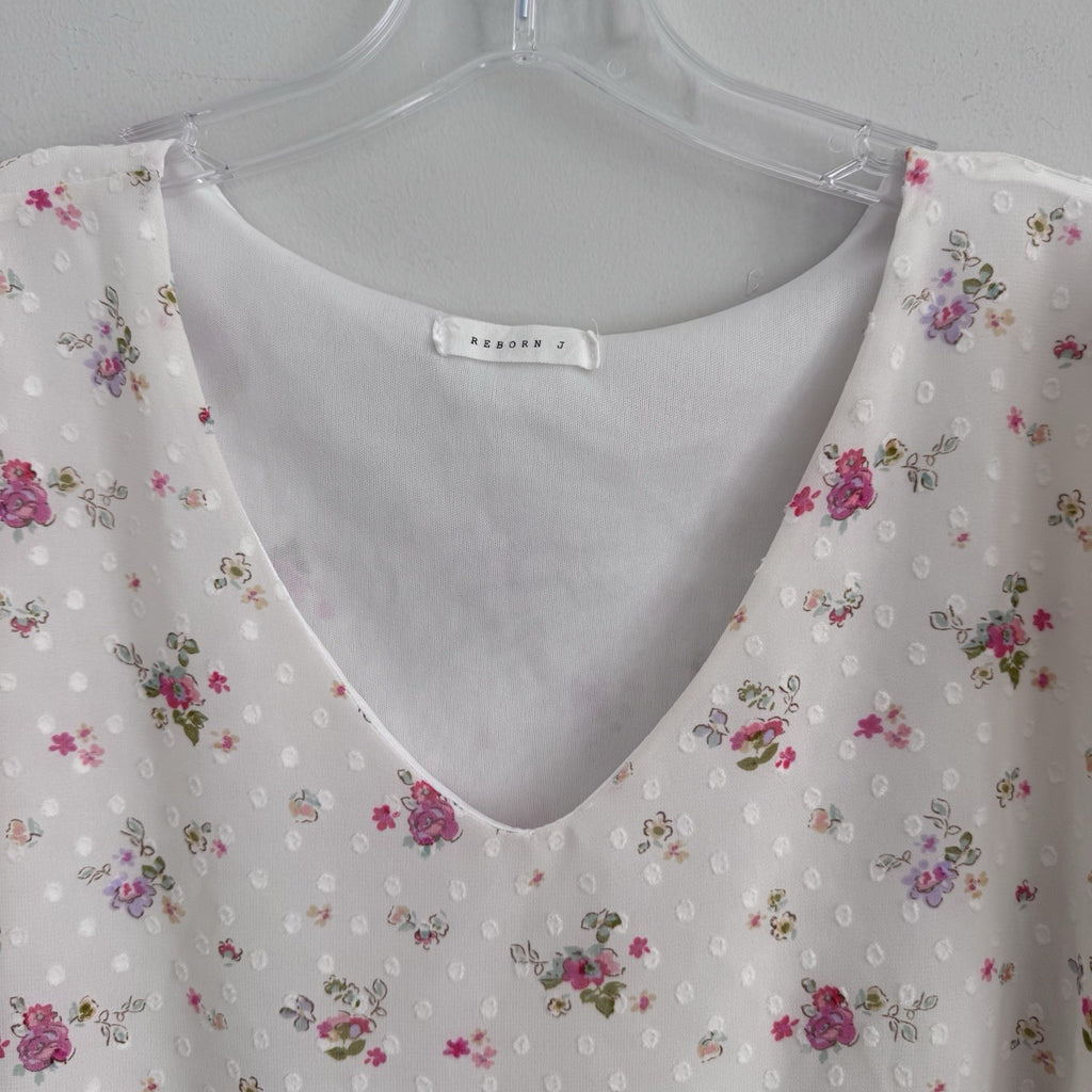 Reborn J Floral Swiss Dot Blouse Small Ivory Ruffle Sleeve