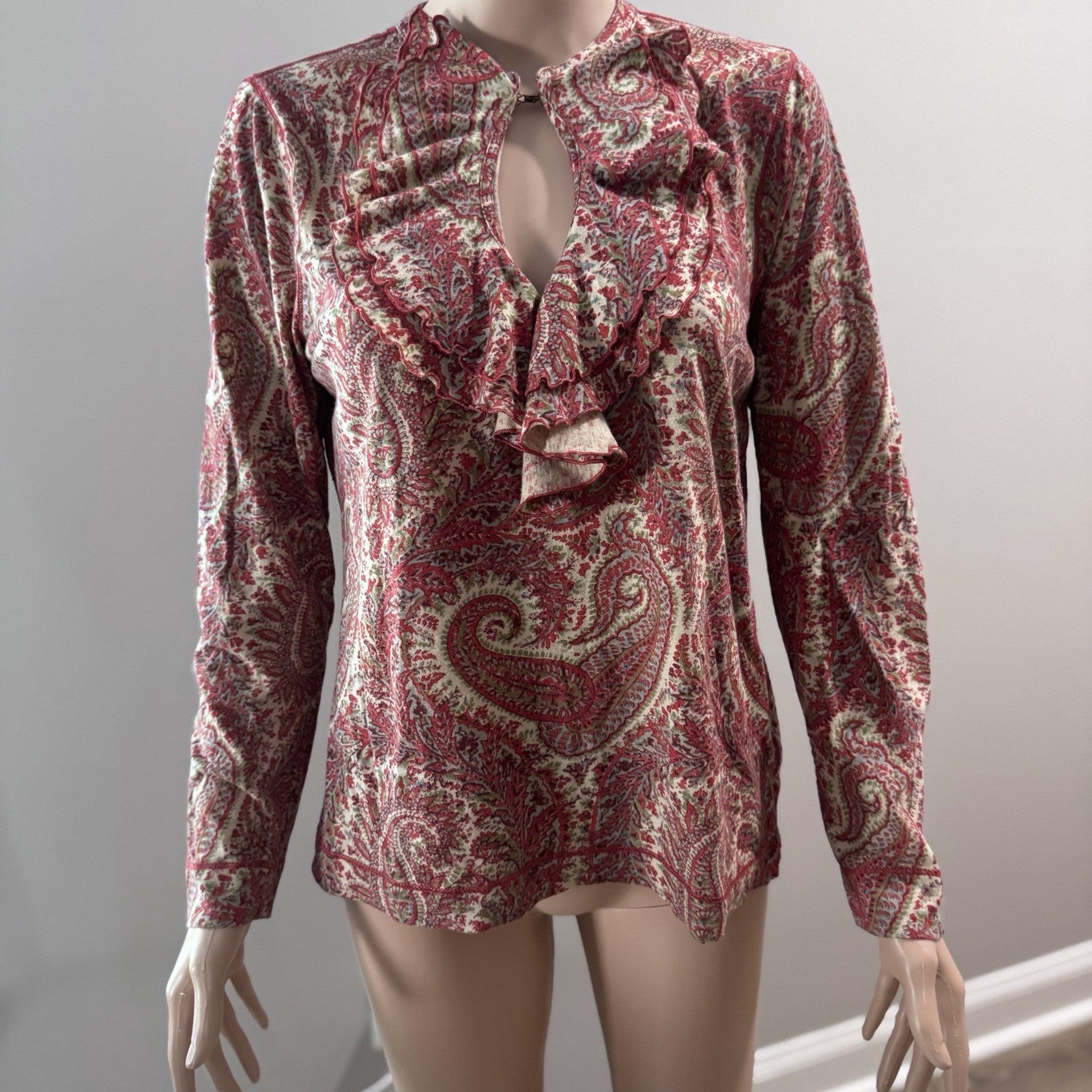 Lauren Ralph Lauren LRL Red Paisley Ruffle Blouse Women’s Large Cotton Top