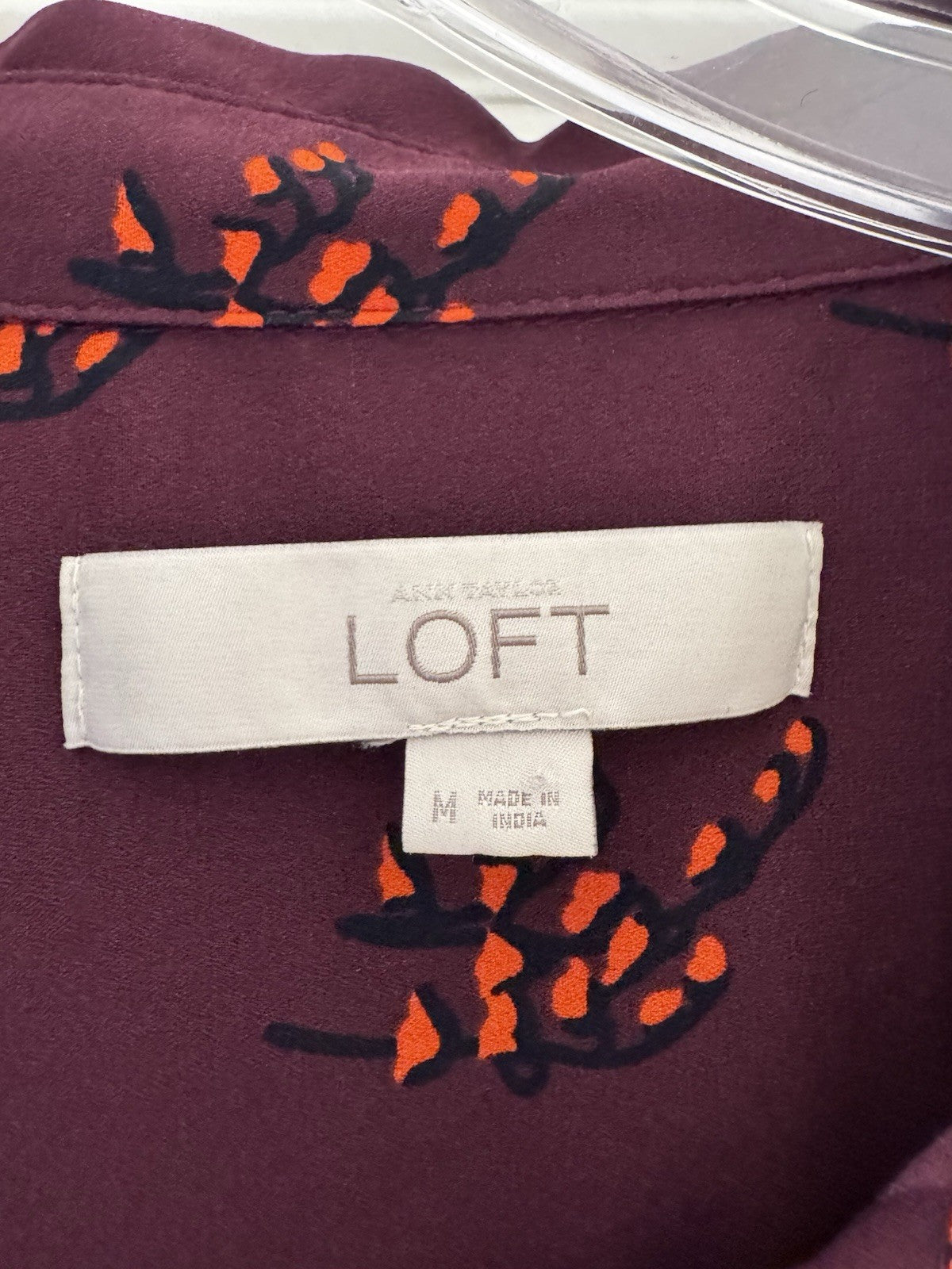 LOFT Women’s Burgundy Button Front Blouse Floral Print Long Sleeve Sz M