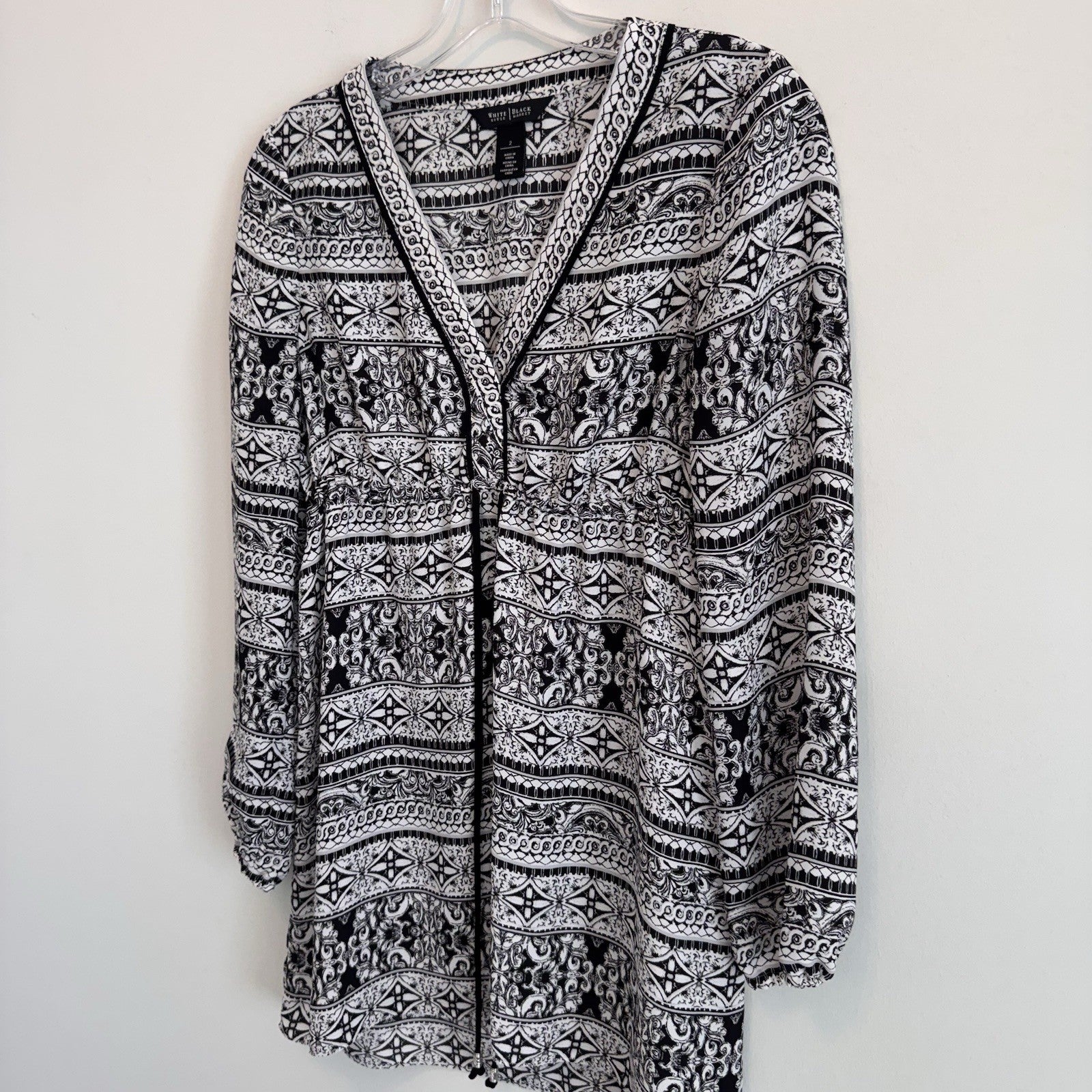 White House Black Market Boho Dress Black White Print Women’s 2