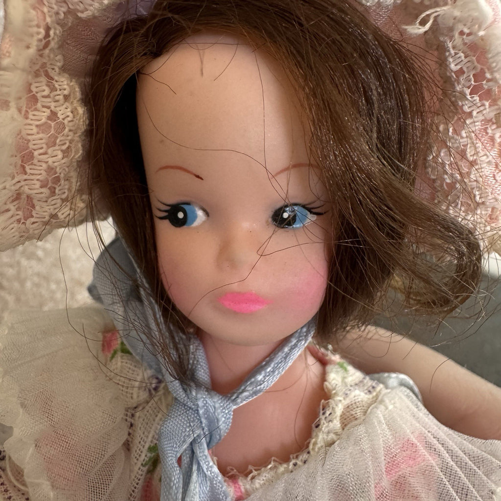 Vintage Southern Belle Souvenir Doll 8.5" Pink Rose Floral Gown Lace Bonnet 1950