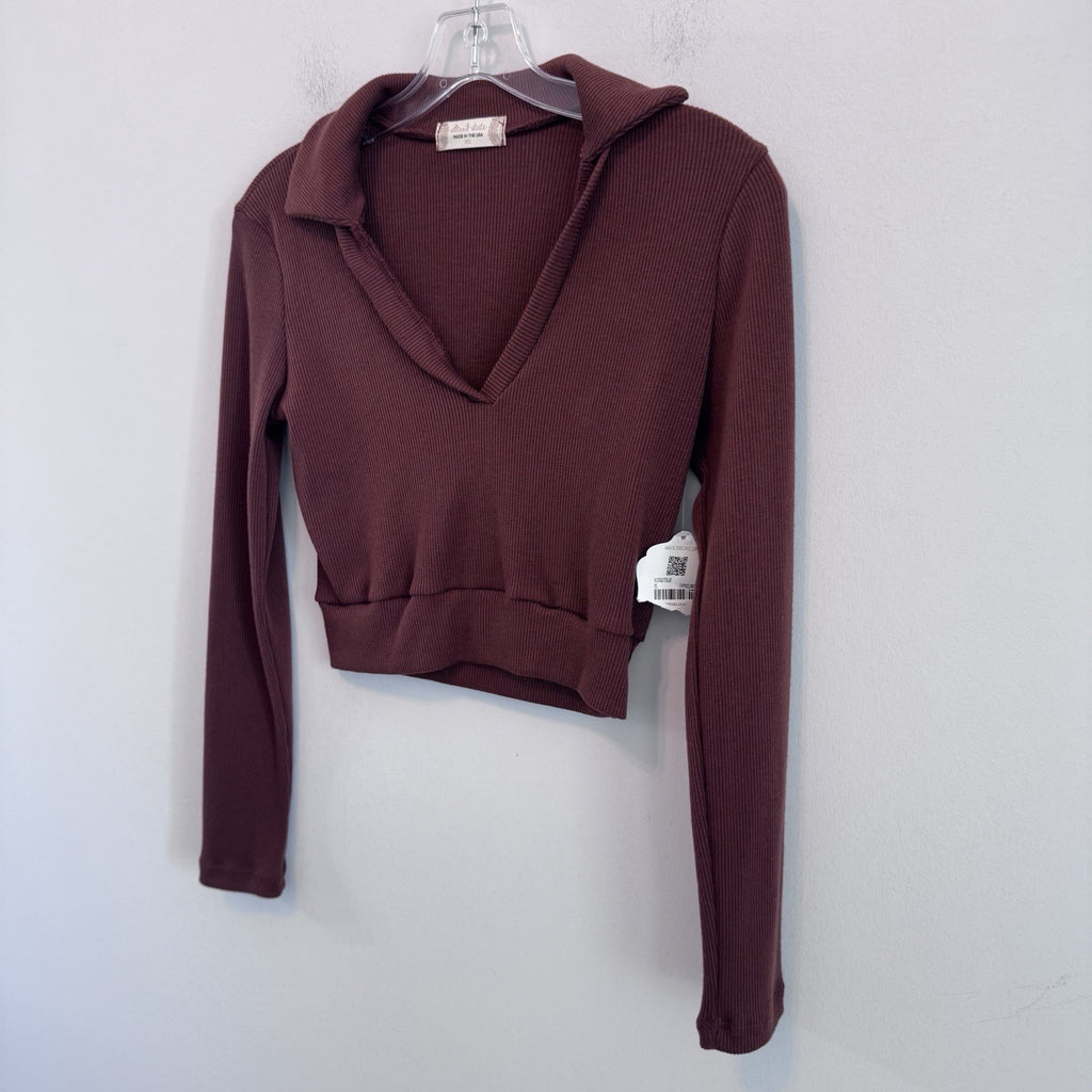 Altar’d State Ribbed Crop Top XS Collared Long Sleeve Brown NWT