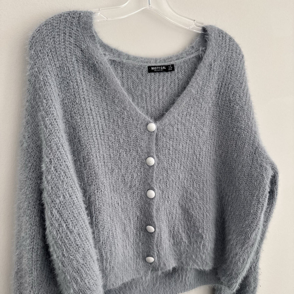 Nasty Gal Y2K Fuzzy Knit Cropped Cardigan Gray V Neck Button M