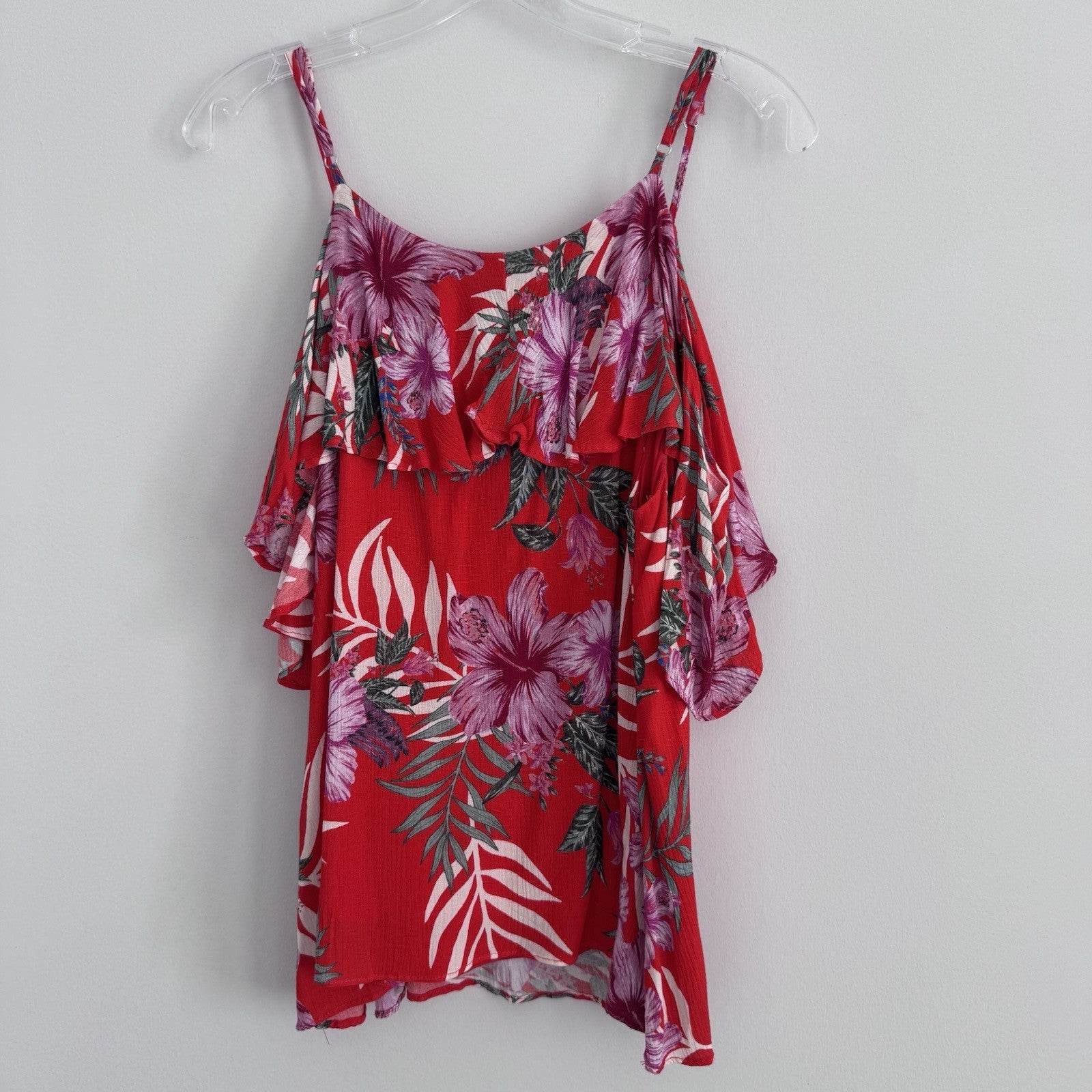Miss Me Red Tropical Floral Cold Shoulder Dress Sz M Ruffle Sleeve