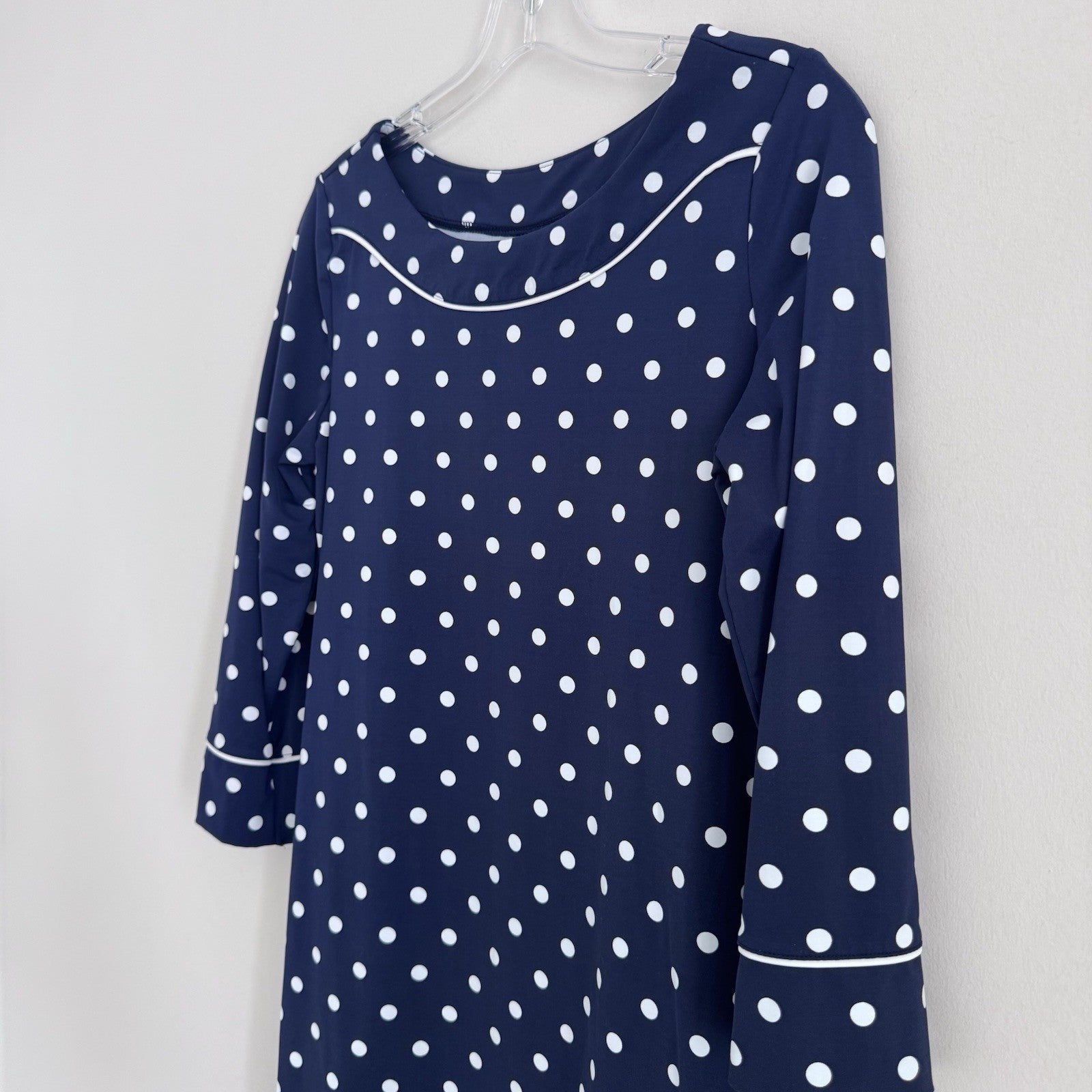 Lands End Dress Womens Sz Small Blue White Polka Dot Pullover 3/4 Sleeve Casual