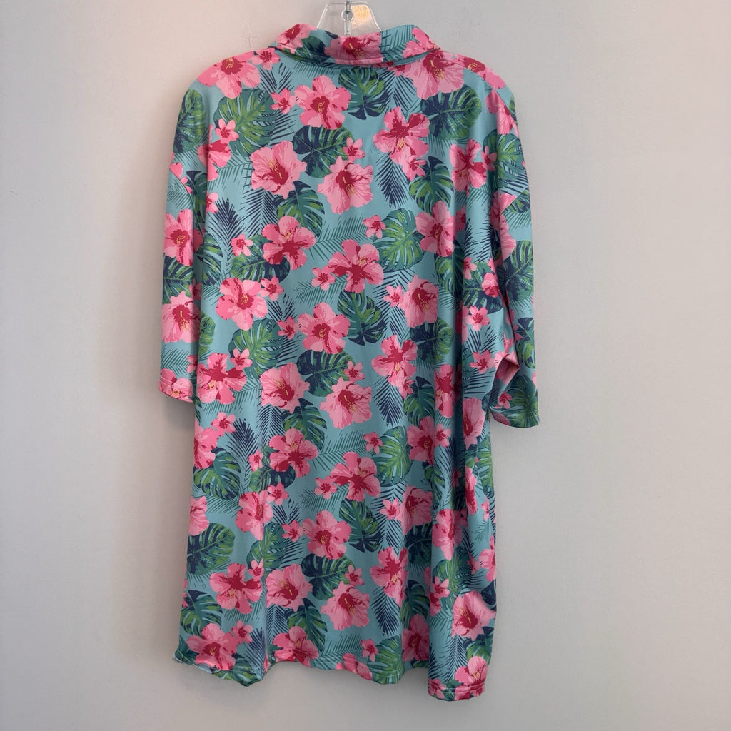 Proud Ninety Floral Golf Polo Shirt Men's Size 3XL Tropical Hibiscus Teal
