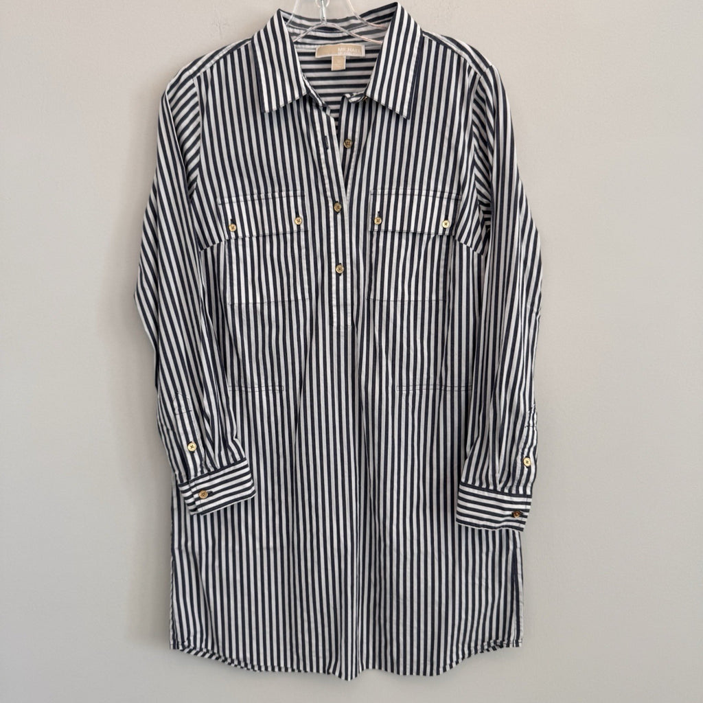 MICHAEL Michael Kors Women's Medium Navy White Striped Shirt Dress Pockets Gold