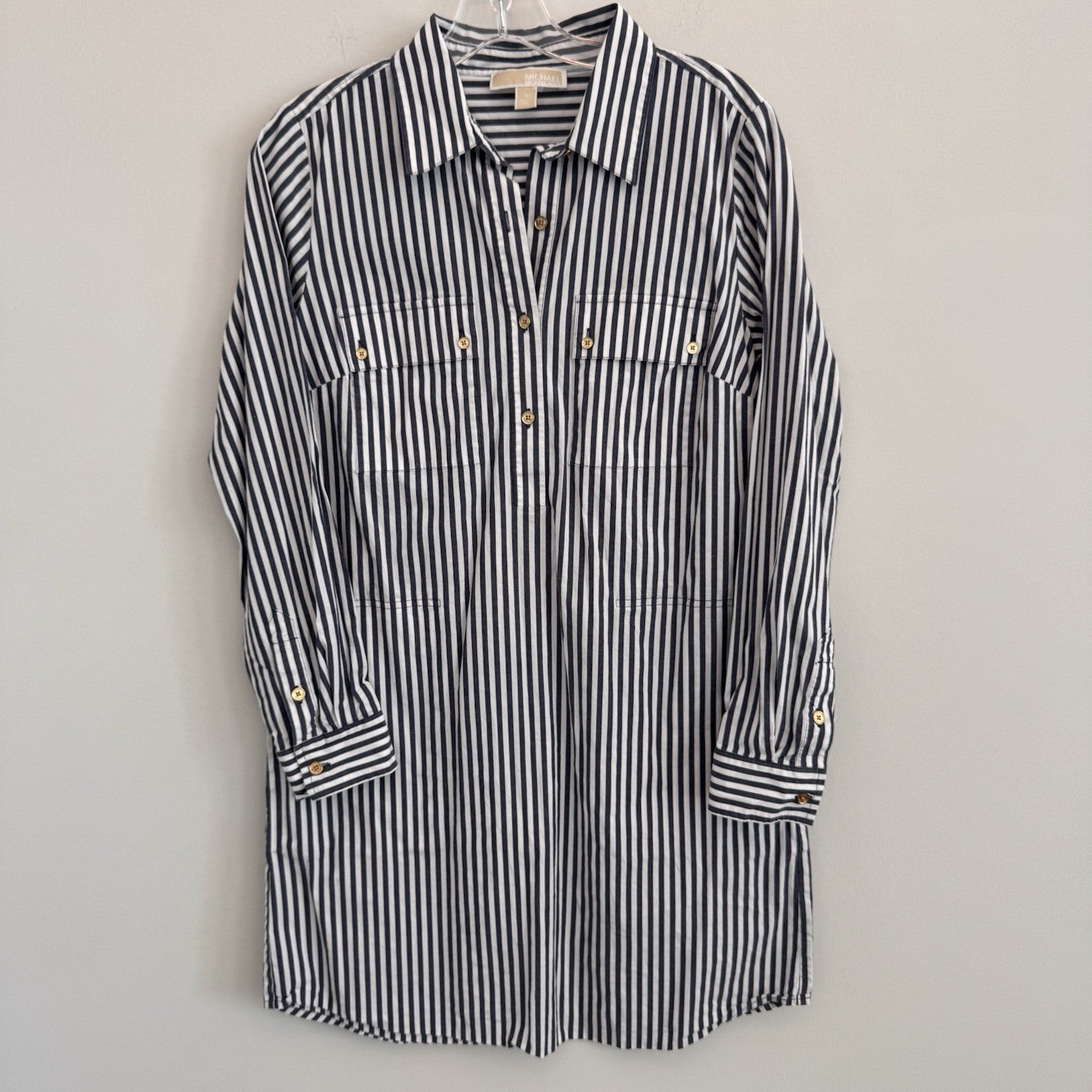 MICHAEL Michael Kors Women's Medium Navy White Striped Shirt Dress Pockets Gold