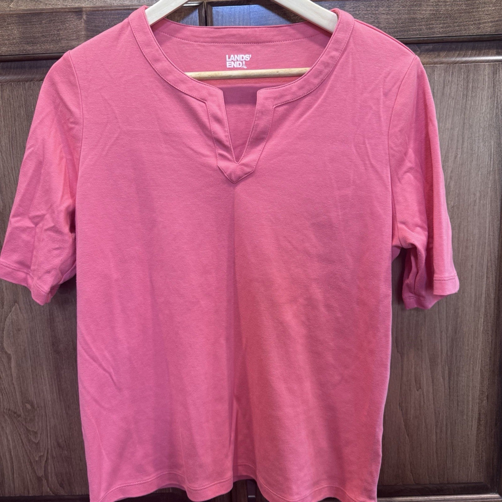 Lands’ End Women’s Split Neck Knit Top Size L (14-16) Pink Cotton Blend