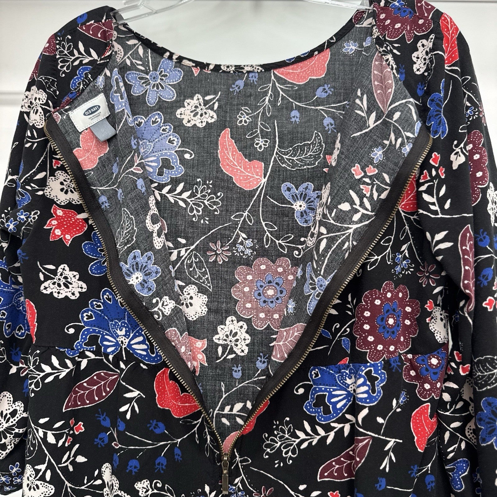 Old Navy Black Floral Dress L Boho Print 3/4 Sleeve Viscose Soft Tunic