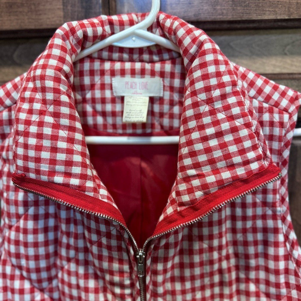 Peach Love California Gingham Quilted Vest Red White Medium