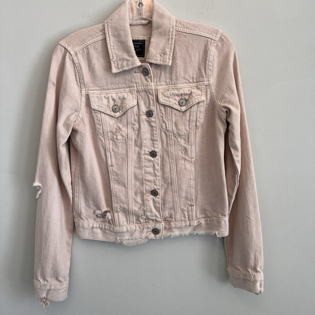 Abercrombie & Fitch Womens XS Distressed Pink Denim Jacket Raw Hem Frayed