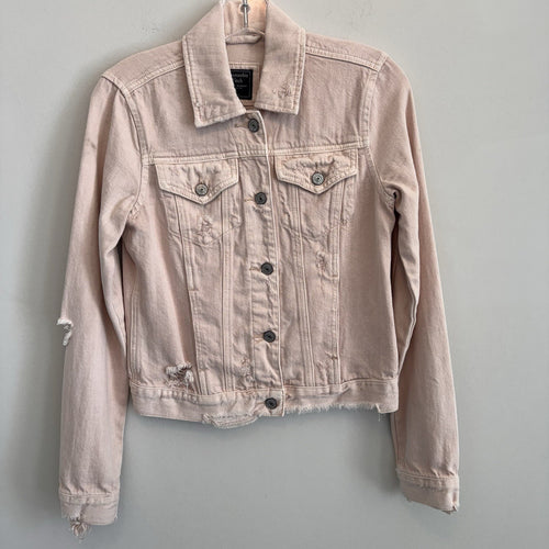 Abercrombie & Fitch Womens XS Distressed Pink Denim Jacket Raw Hem Frayed