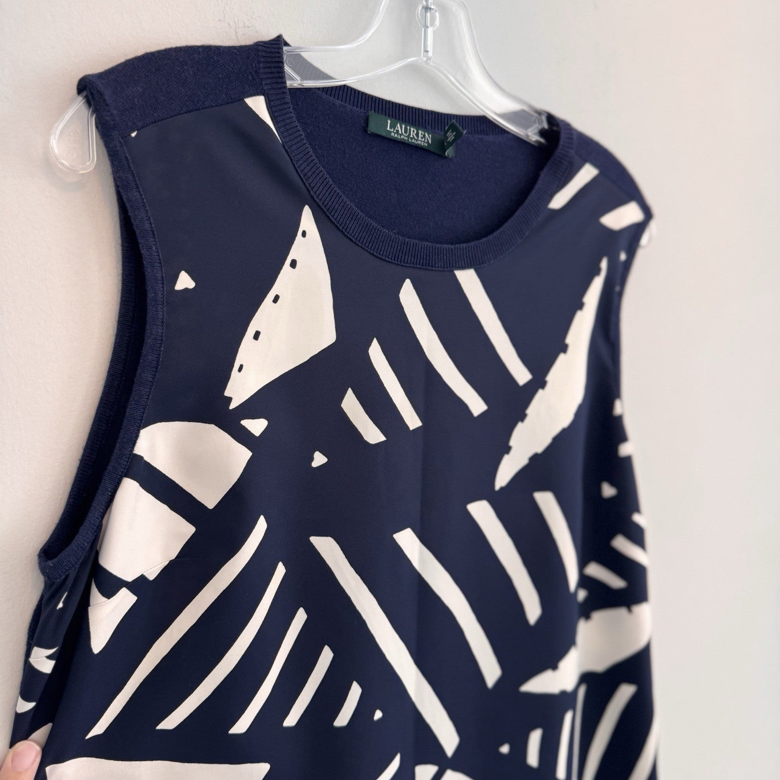 Lauren Ralph Lauren Navy White Geometric Sheath Dress Large L Sleeveless Mod
