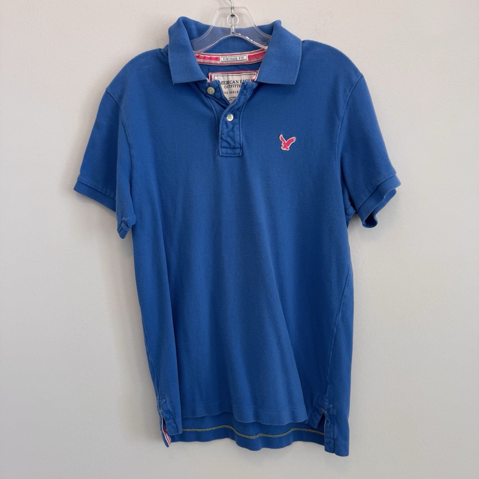 American Eagle Men's Medium Vintage Fit Polo Shirt Blue Pink Eagle Logo