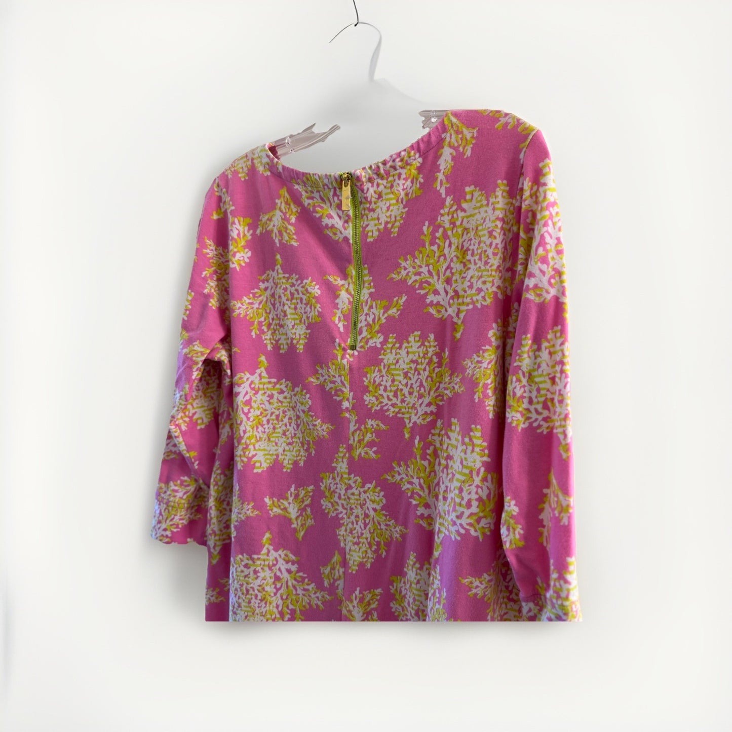 Crown & Ivy Womens Pink Coral Print Dress LARGE 3/4 Sleeve Back Zip Cotton Modal