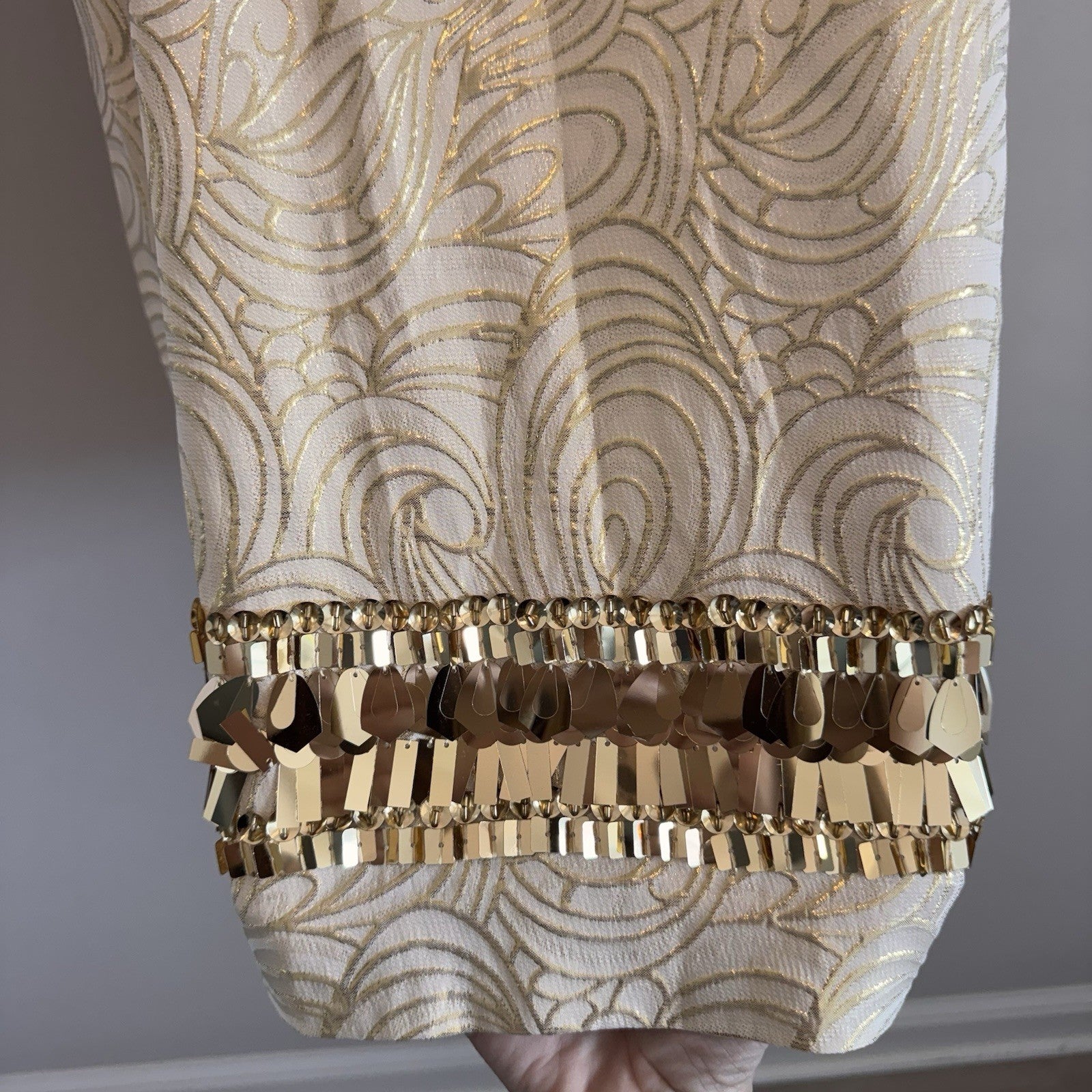Lilly Pulitzer XS Silk Gold Metallic Fil Coupe Shift Dress Sequin Fringe Hem