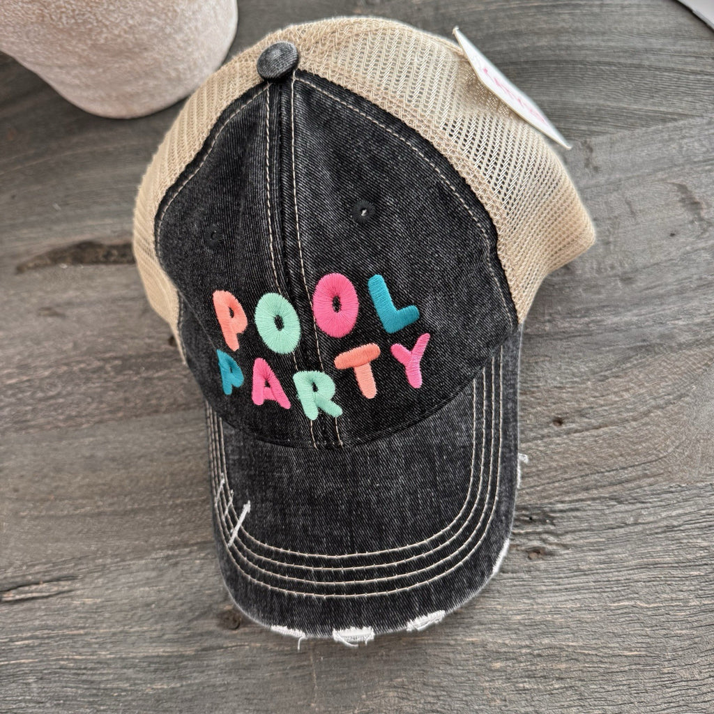 Pool Party Hat KatyDid Trucker Distressed Black Mesh Snapback Cap NWT Boutique