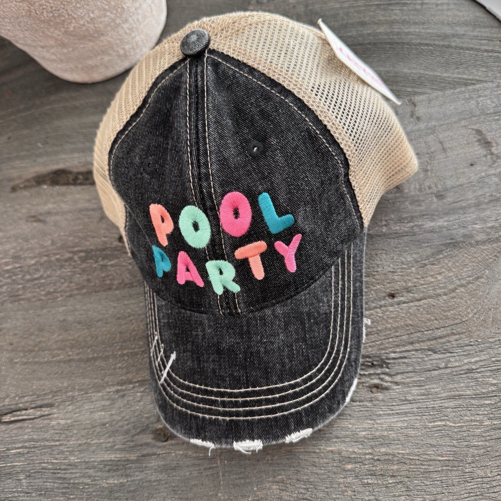Pool Party Hat KatyDid Trucker Distressed Black Mesh Snapback Cap NWT Boutique
