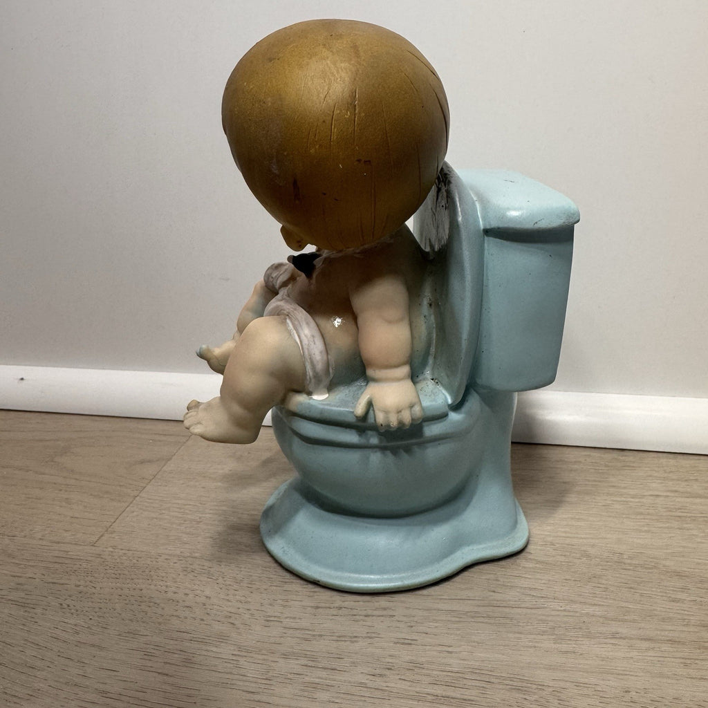 Vintage 1970s Potty Training Baby Coin Bank Kitsch Blue Toilet Chalkware MCM 6"